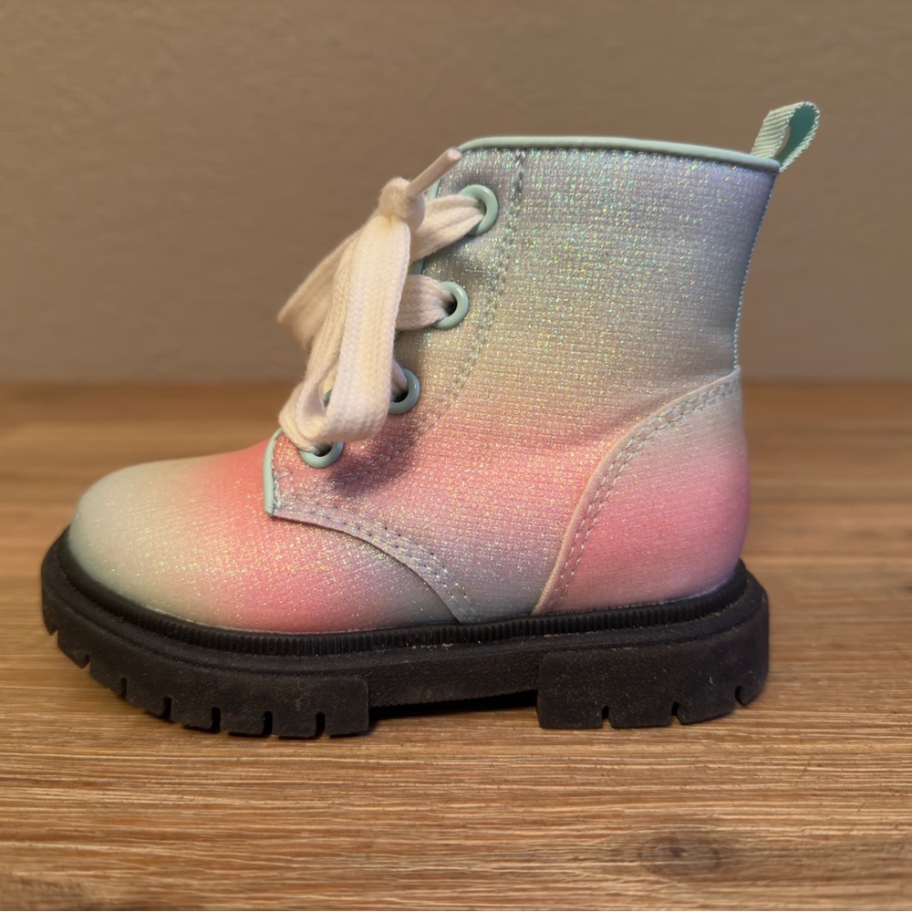 Cat & Jack Combat Boots Amaya Toddler Girls Sz 7 Rainbow Glitter Lace Up - Picture 2 of 12